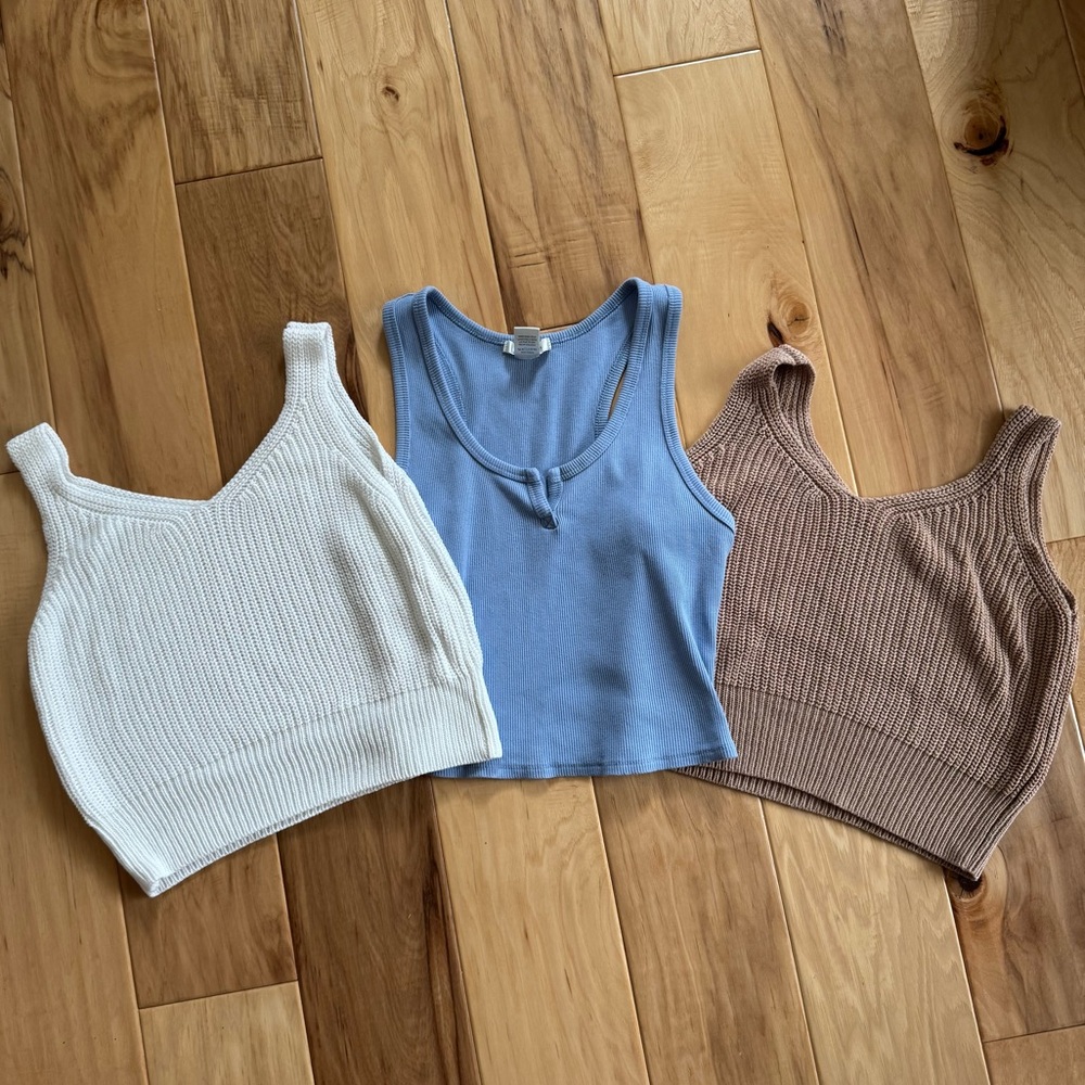 3-Piece Cropped Tank Bundle | Bozzolo Blue + Neutral Knit Tanks | Size S